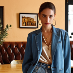 **

A woman in boyfriend jeans, a silk shirt, and a structured blazer, accessorized with gold hoop earrings. She is standing in a stylish, yet relaxed, Italian cafe. The lighting is warm and inviting.

**