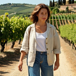**

"A woman strolling through a Tuscan vineyard on a sunny day, wearing a light, deconstructed linen jacket in a natural tone. She is paired with a simple white t-shirt and jeans. The style is casual and chic, reflecting the relaxed Italian lifestyle."

**